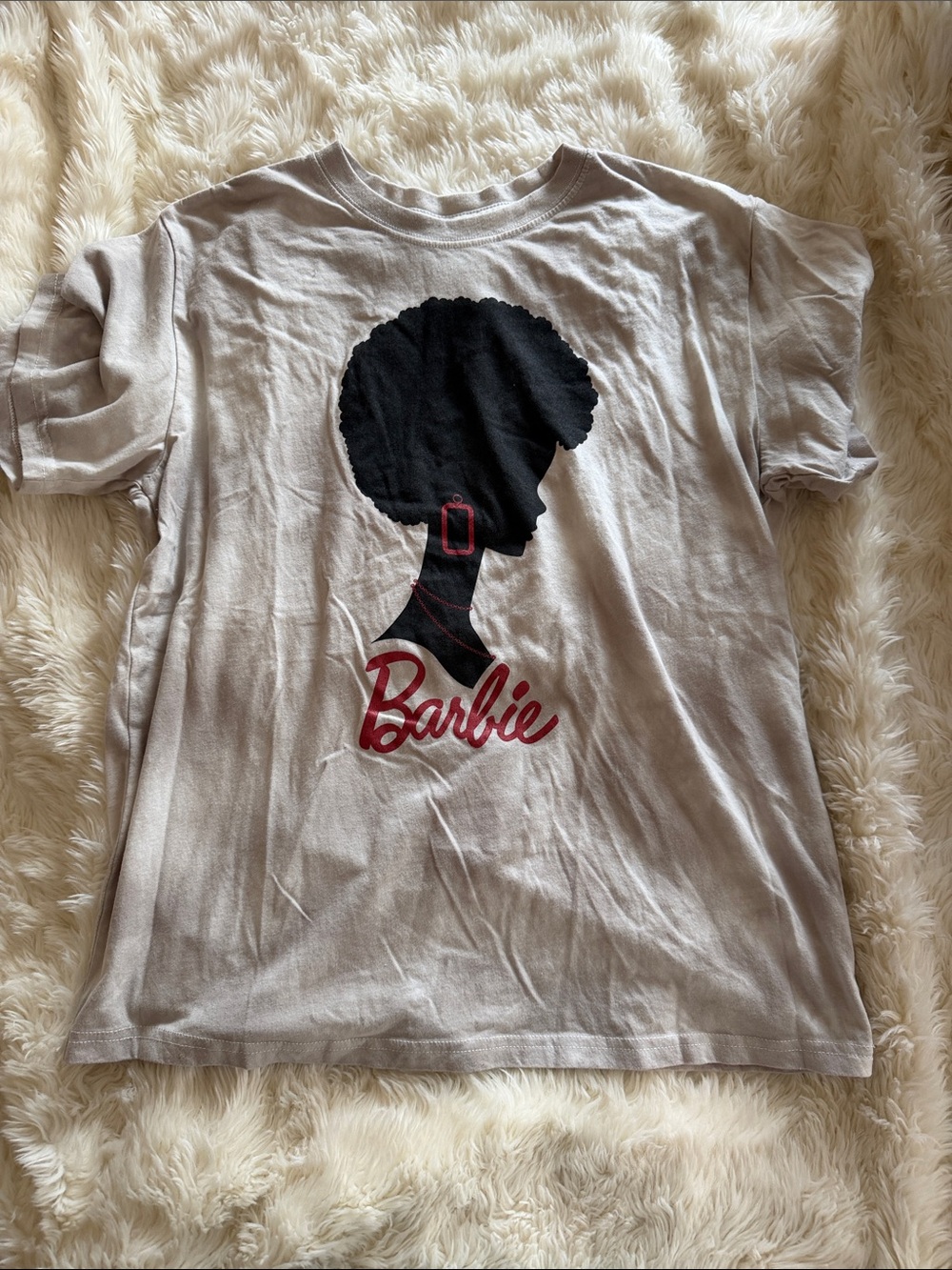 Barbie TieDye Beige Tee with Black Silhouette and Red Script